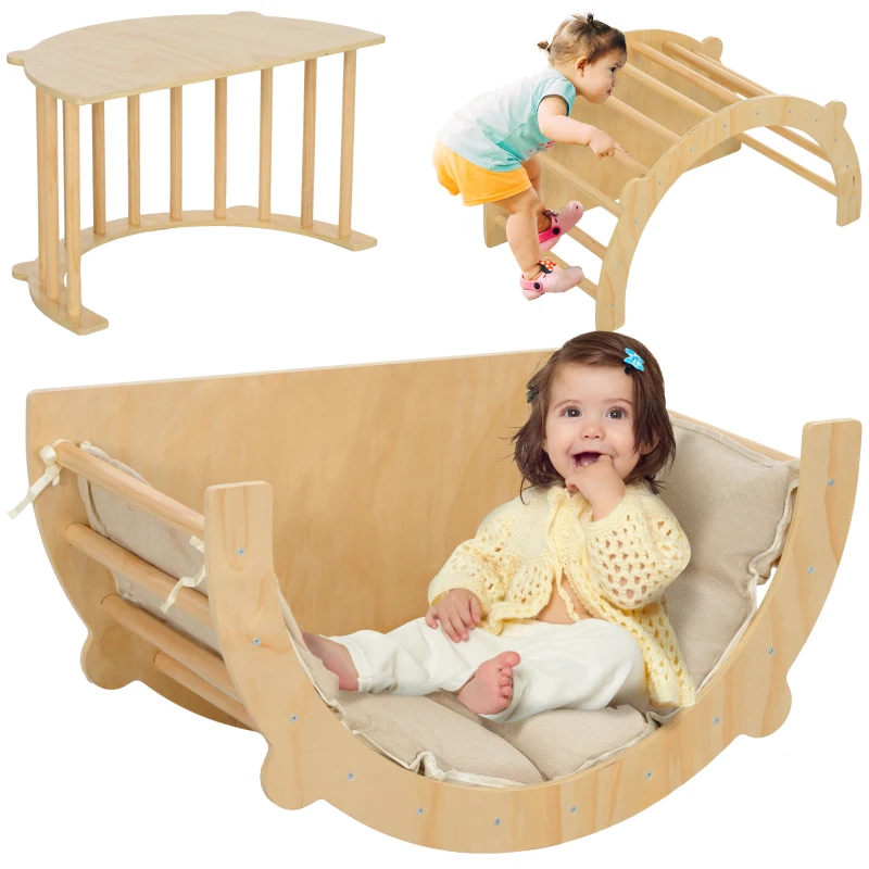 AIYAPLAY 3 en 1 Arco de escalada mecedora y mesa de juego con cojín, en Madera Natural, para niños de 18 a 48 meses