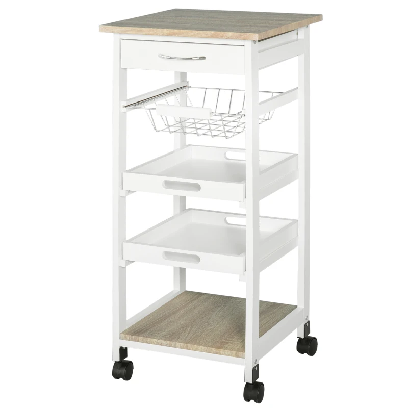 HOMCOM Carrito de servicio carrito de cocina con ruedas cesto + 2 bandejas extraíbles cajón estante MDF Roble claro madera de pino