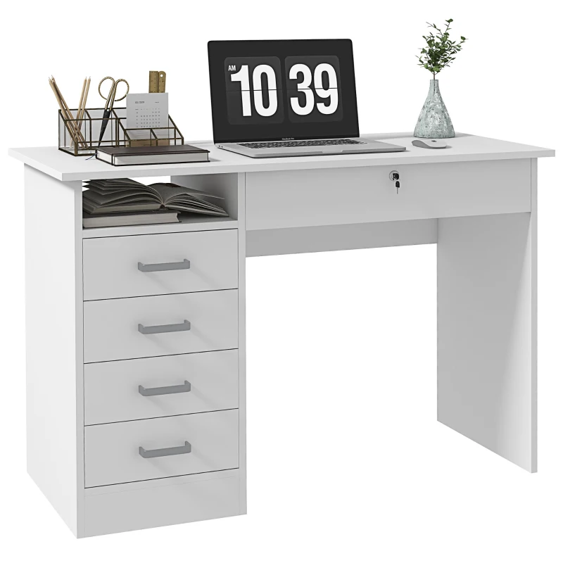 HOMCOM Escritorio moderno con 5 cajones amplia mesa 1 compartimento abierto cajón con cerradura 110x50x76 cm Blanco