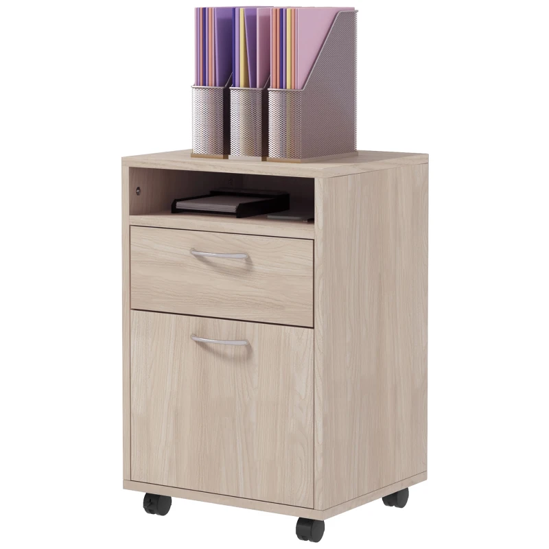 HOMCOM Archivador de oficina con ruedas cajón estante armario y bandeja para documentos y carpeta colgante 40x35x60 cm Roble