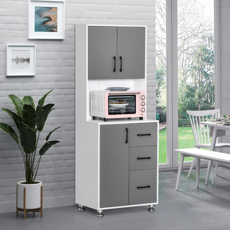HOMCOM Armario de cocina alacena de cocina multi-almacenamiento 2 + 1 puerta 3 cajones + gran encimera 60x40x160 cm bicolor Gris Blanco