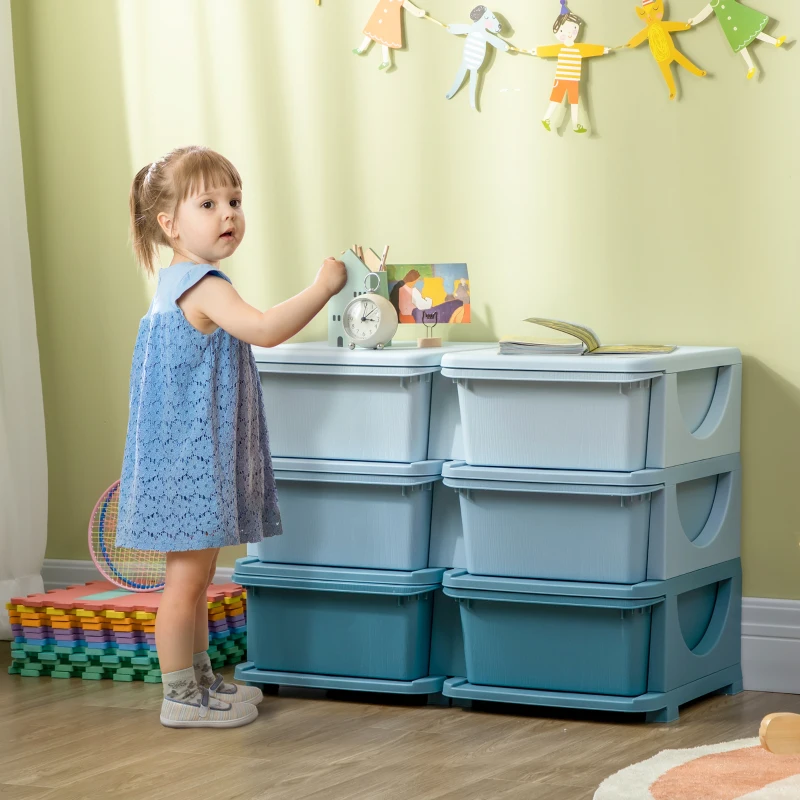 HOMCOM Caja de almacenamiento para niños, Caja de almacenamiento infantil, 3 cajones, Azul