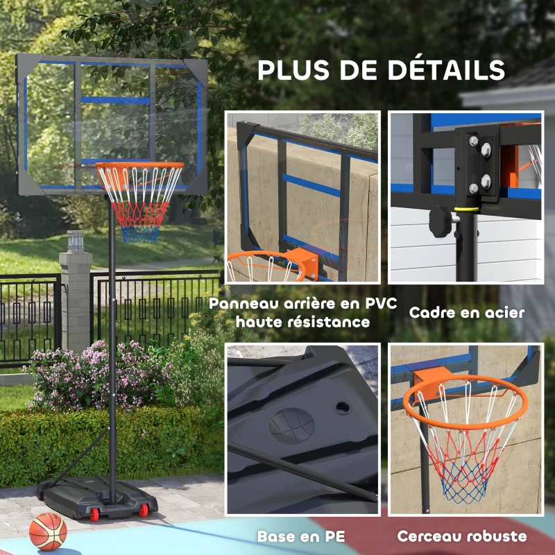 AIYAPLAY Canasta de baloncesto para niños, altura ajustable de 210-260 cm exterior e interior con ruedas, base de contrapeso, Azul