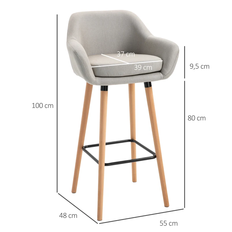 HOMCOM Taburetes de Bar Diseño escandinavo - Conjunto de 2 taburetes de Bar Gran Confort con Reposapiés y apoyabrazos - Madera maciza