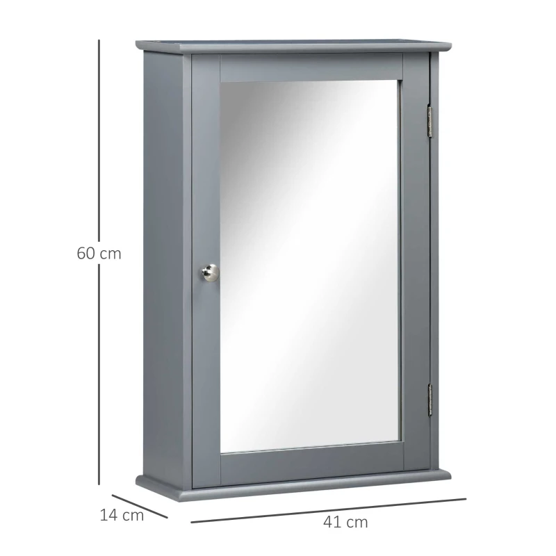 kleankin Armario de Pared para Baño con Espejo - Armario de Almacenamiento para Baño - 1 Puerta 2 Estantes - Vidrio y Madera Gris
