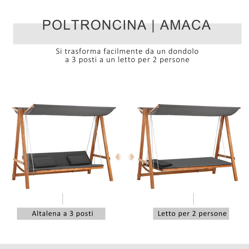 Outsunny Dondolo da Giardino 3 Posti Convertibile in Letto Matrimoniale, 225.5x113x180cm