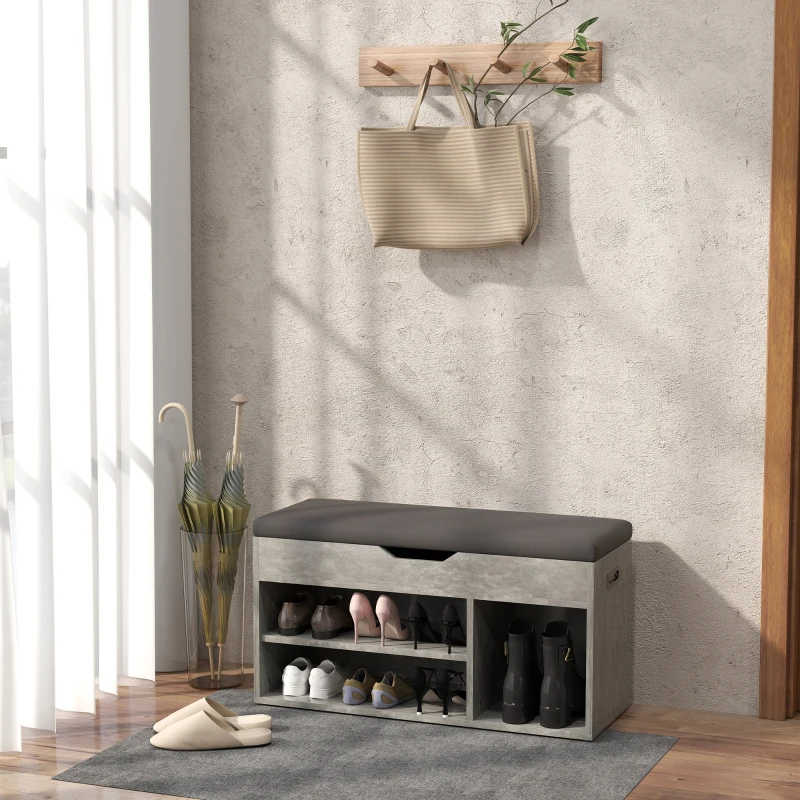 HOMCOM Zapatero Espacio Acolchado con 3 Estantes Abiertos y Espacio Oculto, en Madera, 80x30x45 cm, Negro y Gris
