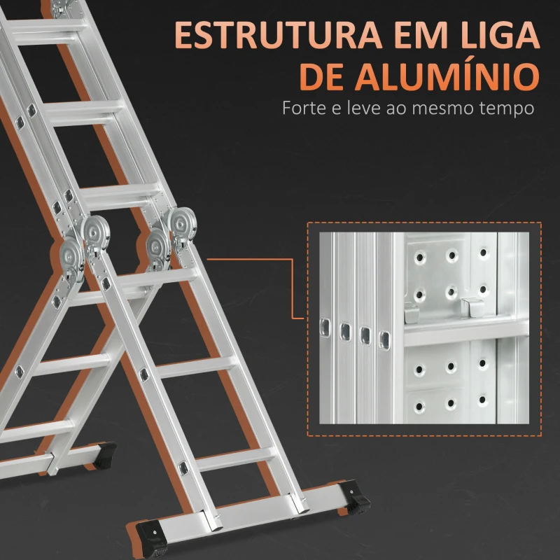 DURHAND Escada Telescópica 5 em 1 Dobrável Escada Multifuncional com Plataformas Removíveis 12 Degraus 339x76x10cm Prata