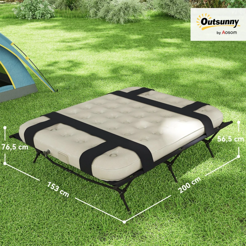 Outsunny Łóżko Polowe Campingowe z Materacem Dmuchanym i Pompą 200 x 153 cm, Obciążenie do 200 kg, Czarne+Chaki