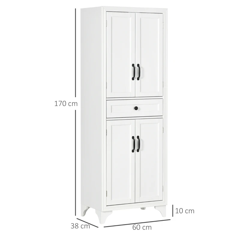 HOMCOM Armario de Cocina Aparador alto mueble de cocina 4 puertas 2 armarios y 1 cajón central altura 170 cm Estante ajustable Blanco