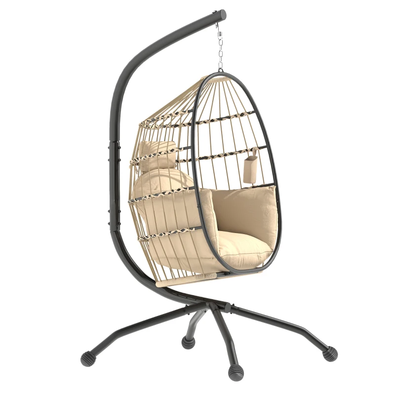 Outsunny Hanging Egg Chair Outdoor Indoor Garden Swing Chair with Folding Basket and Thickened Cushion, Garden Hanging Chair with Stand, Headrest, Cup Holder for Patio, Balcony, Khaki