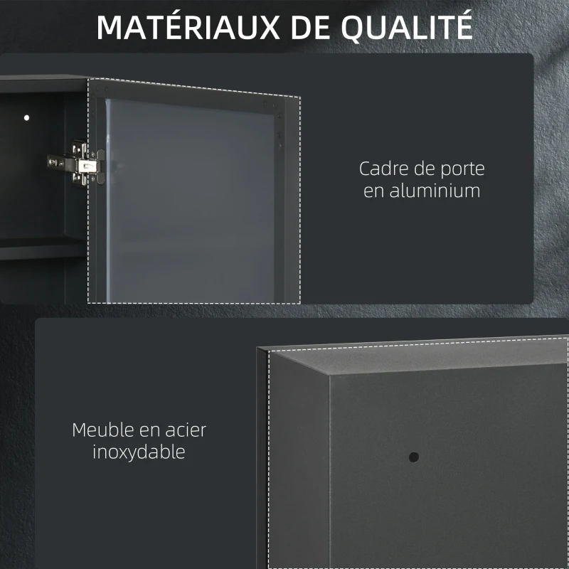 kleankin Armario con espejo de baño armario de pared armario con espejo con 1 puerta y 2 estantes de acero 40x12x60 cm Negro