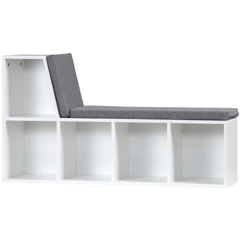 HOMCOM Biblioteca banco 2 en 1 con 5 compartimentos de almacenamiento y 2 cojines 108x30x60 cm Blanco Gris