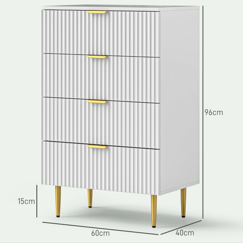 HOMCOM Cómoda 4 cajones cómoda de habitación mueble de almacenamiento moderno con asas y patas doradas, dim. 60 x 40 x 96 cm, blanco