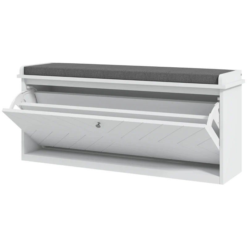 HOMCOM Banco de Zapatos con Cajón Abatible Cojín de Asiento y Estante Ajustable 100x26x44,5 cm Blanco