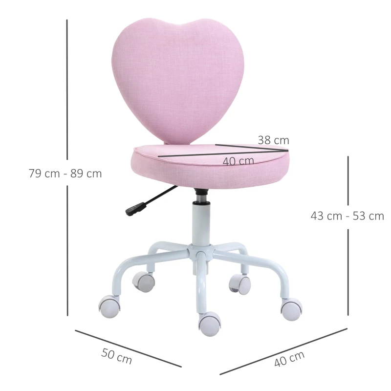 HOMCOM Silla giratoria diseño adorable en forma de corazón ajustable en altura cubierta de lino Rosa 40x50x79-89 cm