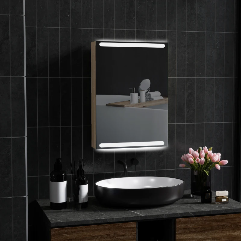 HOMCOM Armario mural baño con espejo iluminación LED y estantes de vidrio ajustables 50x12,5x70 cm Madera Natural