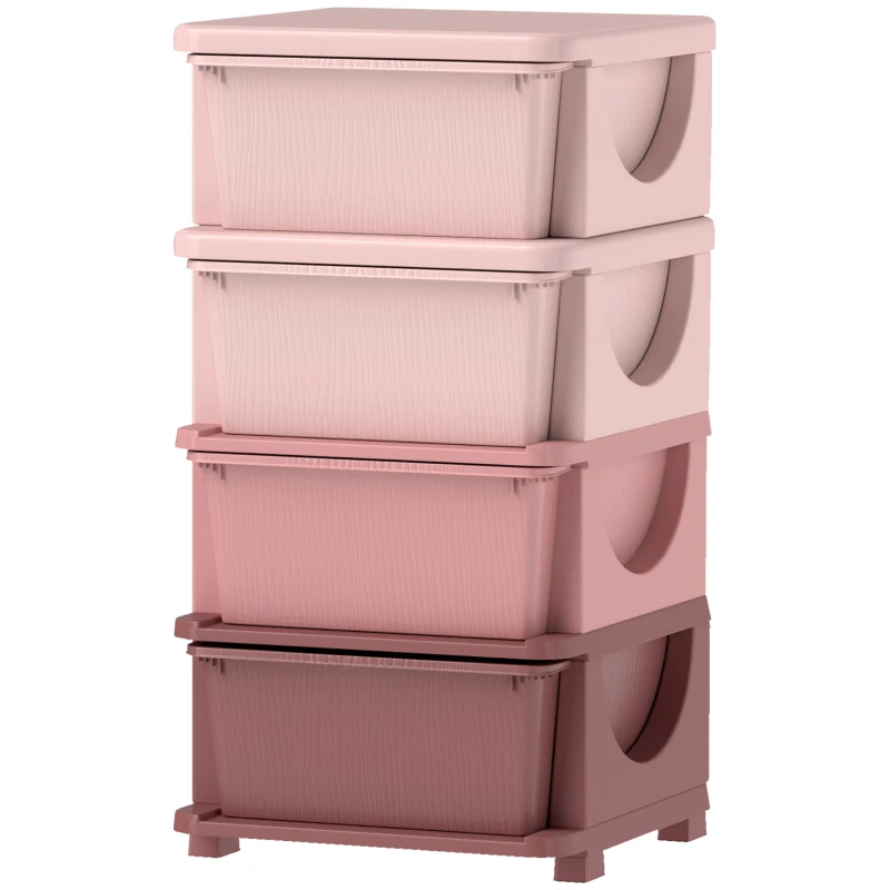 HOMCOM Cajas de Almacenamiento para Niños, 4 Cajones, Bordes Redondeados, Diseño Elevado, 37x37x76 cm, Rosa
