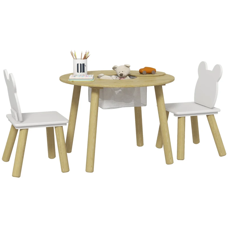 AIYAPLAY Set 1 tavola rotonda, 2 sedie per bambini 3 pezzi, schienale a forma di orso, attività, creare, pasti, 3-6 anni