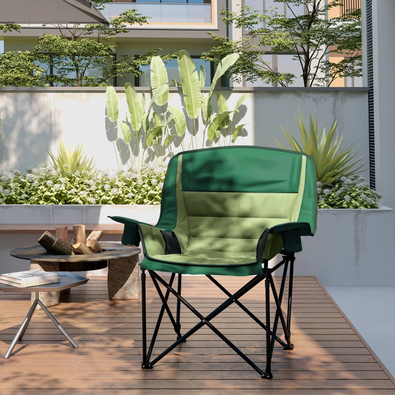 Outsunny Opvouwbare Stoel, Gepolsterde Visstoel, Metalen Frame, Bekerhouders, Olijfgroen