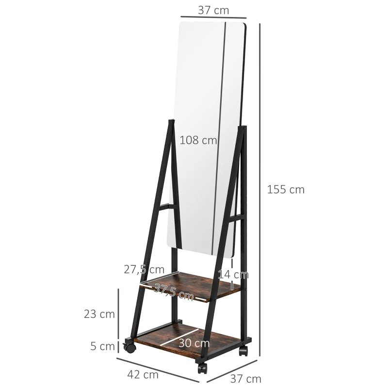 HOMCOM Espejo de Pie Rectangular Espejo de Suelo Rodante con Ángulo Ajustable 2 Estantes 4 Ruedas Negro y Marrón Rústico