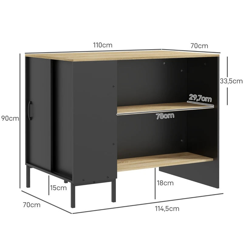 HOMCOM Mesa auxiliar de cocina con 2 estantes abiertos 1 armario puertas correderas portacuchillos 114,5x70x90 cm Negro
