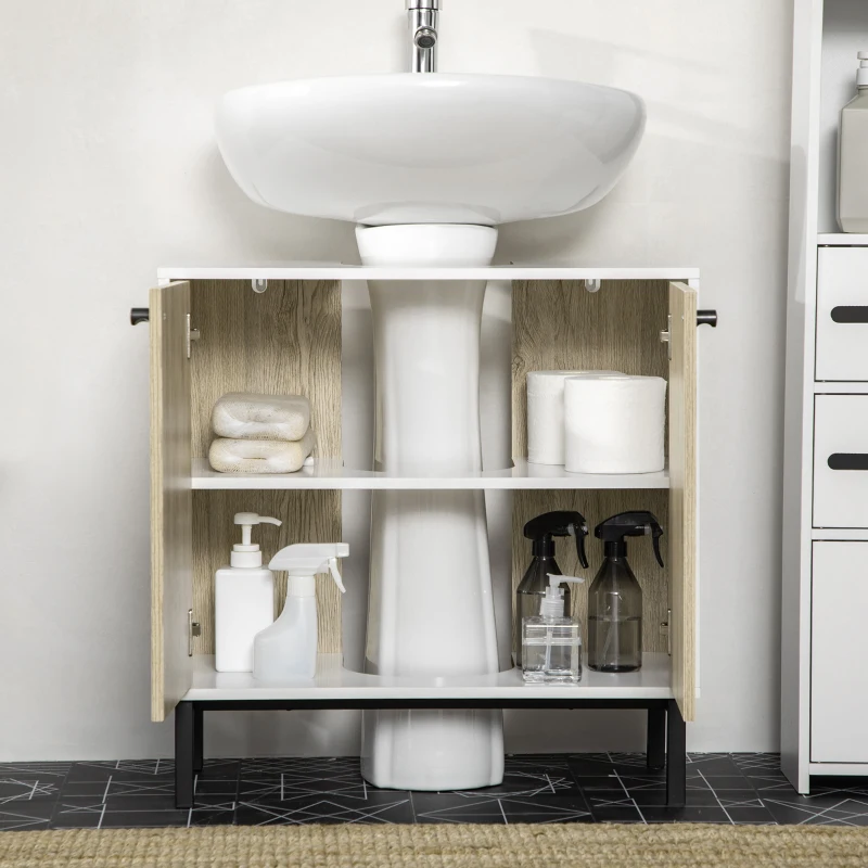 kleankin Mueble bajo lavabo moderno con pie metálico doble puerta 60x30x60 cm - Blanco y madera