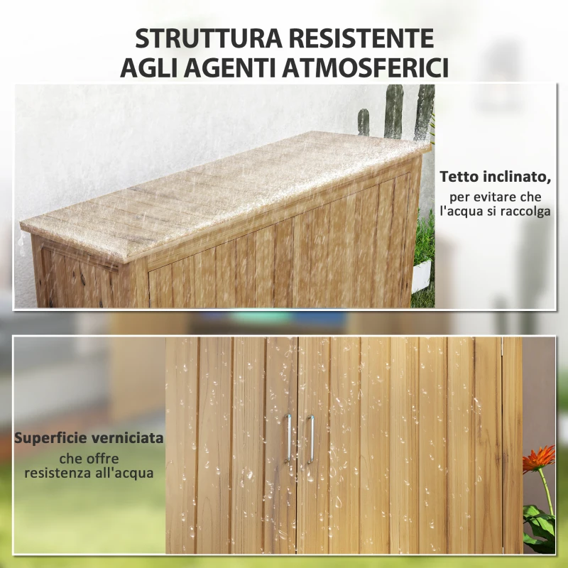 Outsunny Armadio da Esterno in Legno Porta Attrezzi con 2 Porte e 2 Ripiani, 110x50x85 cm, Marrone