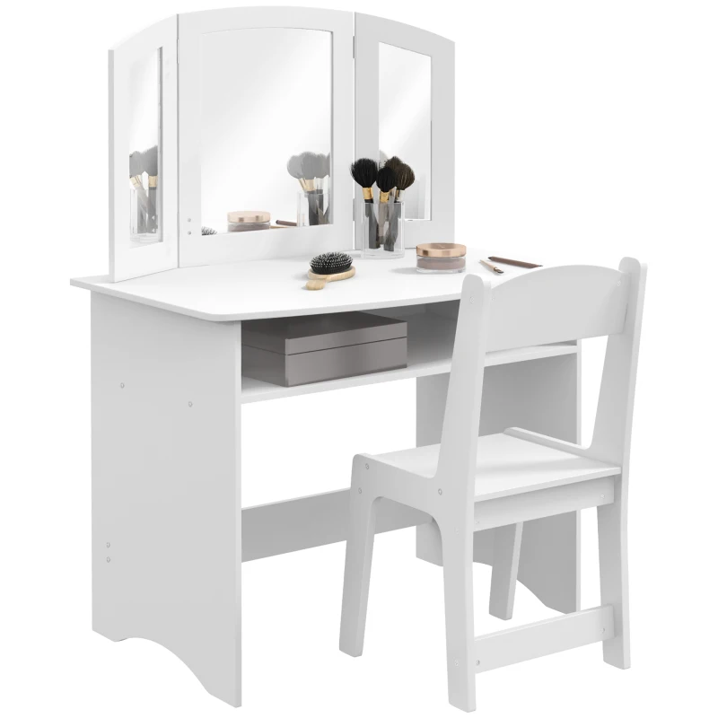 AIYAPLAY Set de Maquillaje para Niños con Tocador Espejo Triple Desmontable y Silla de Madera Blanco