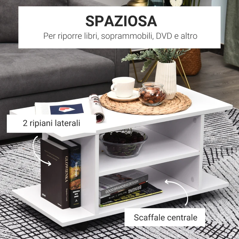 HOMCOM Mobile TV Moderno con Ripiani, Mobiletto Porta TV da 42" con Ruote Girevoli a Freni, 2 Piccolo Ripiani Laterali per Soggiorno e Camera da Letto, 80x40x40 cm, Bianco