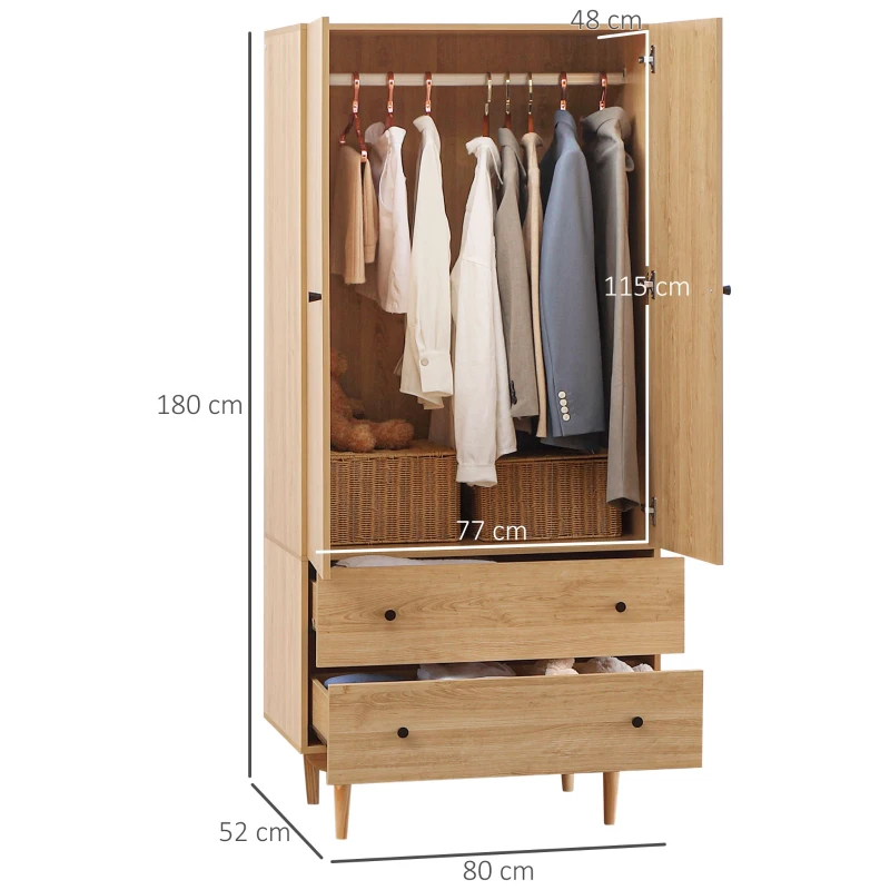 HOMCOM Armario de ropa guardarropa con 2 puertas 2 cajones y barra de suspensión - 80x52x180 cm - aspecto madera