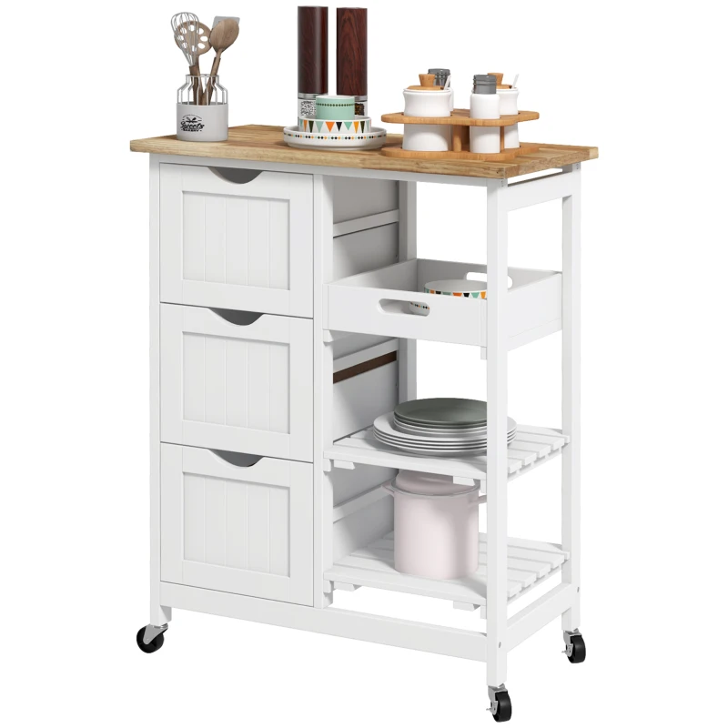 HOMCOM Carrello da Cucina con Ruote, Piano di Lavoro in Legno, 3 Cassetti e 1 Piano Removibile, 67 x 37 x 85,5 cm, Bianco