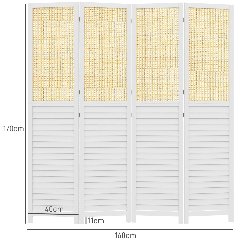 HOMCOM Biombo en madera 4 paneles 160x170 cm separador de ambientes biombo plegable en madera - Blanco