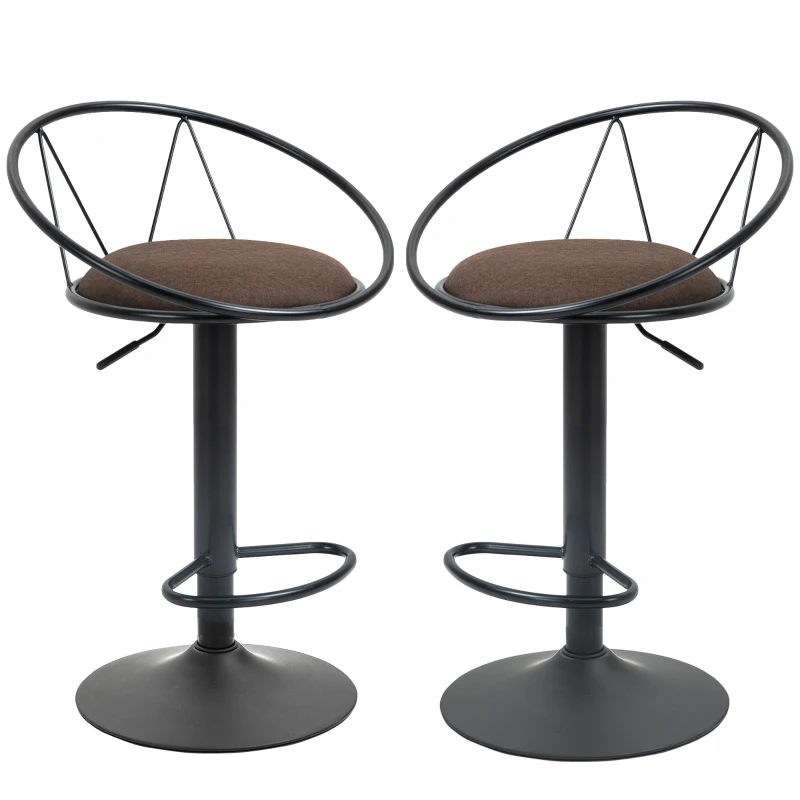 HOMCOM Conjunto de 2 Taburetes de bar Diseño neorretro ajustable giratorio con Reposapiés metal Negro Lino Marrón