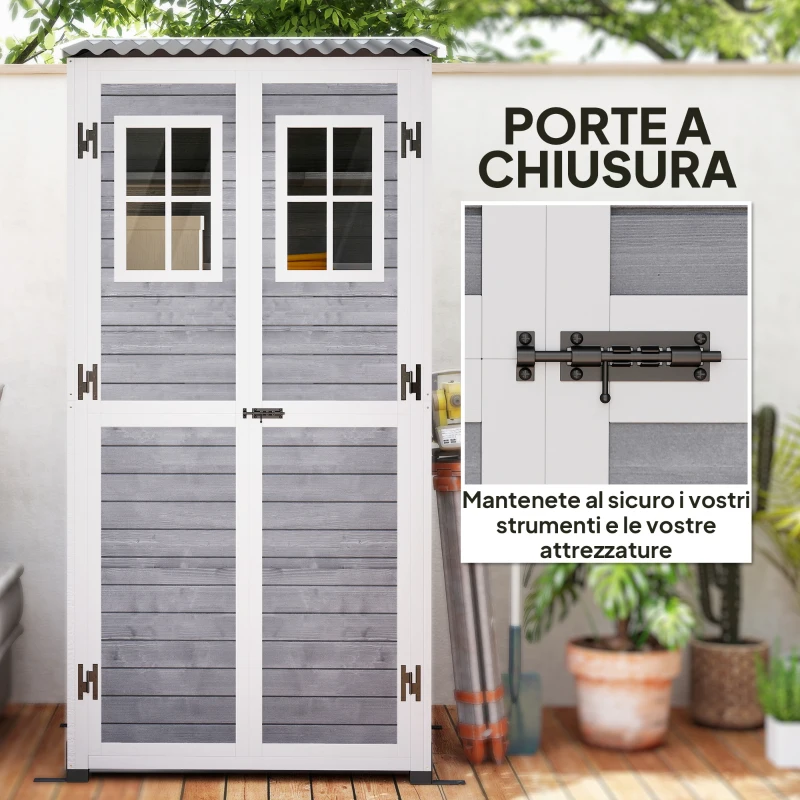 Outsunny Casetta da Giardino in Legno con Ripiani Regolabili, Due Porte con Blocco e Finestre, Grigio(m-8)