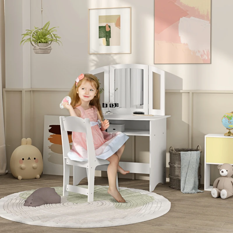 AIYAPLAY Set de Maquillaje para Niños con Tocador Espejo Triple Desmontable y Silla de Madera Blanco