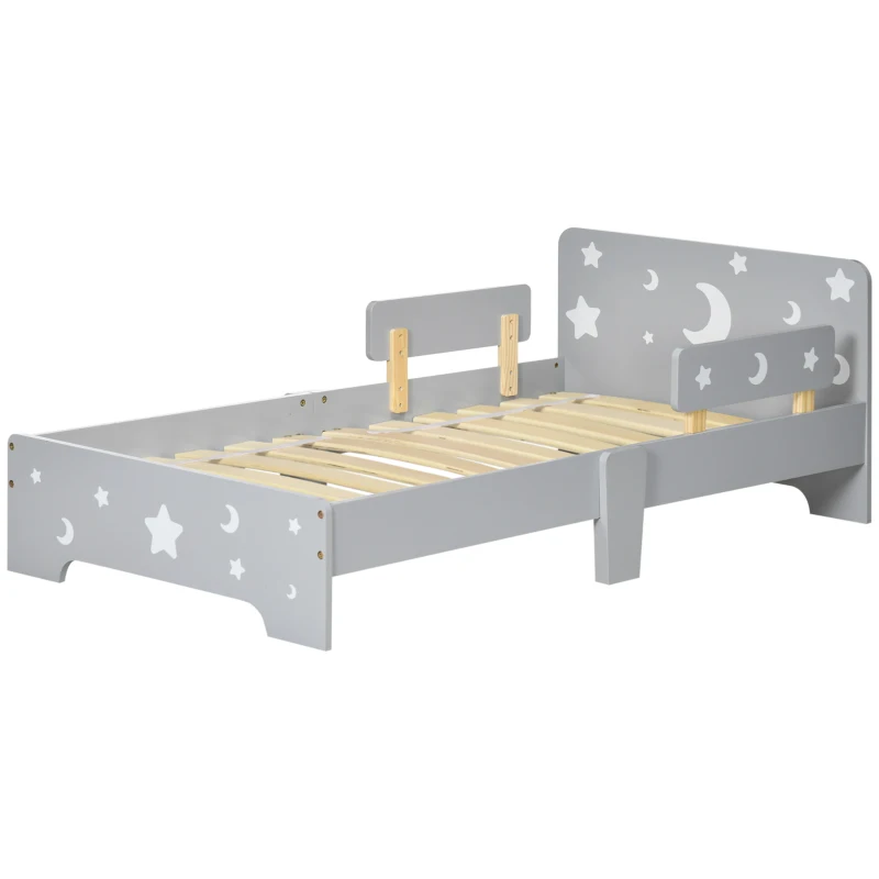 ZONEKIZ Cama para niños de 3 a 6 años diseño estrellas y luna somier de láminas incluido habitación moderna 143x76x49 cm Gris
