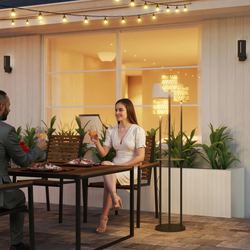 Outsunny Staande Solarlamp Rattan met Lichtsensor, 3-lamps in Boho-Stijl IP44 Ø37 x 144H cm