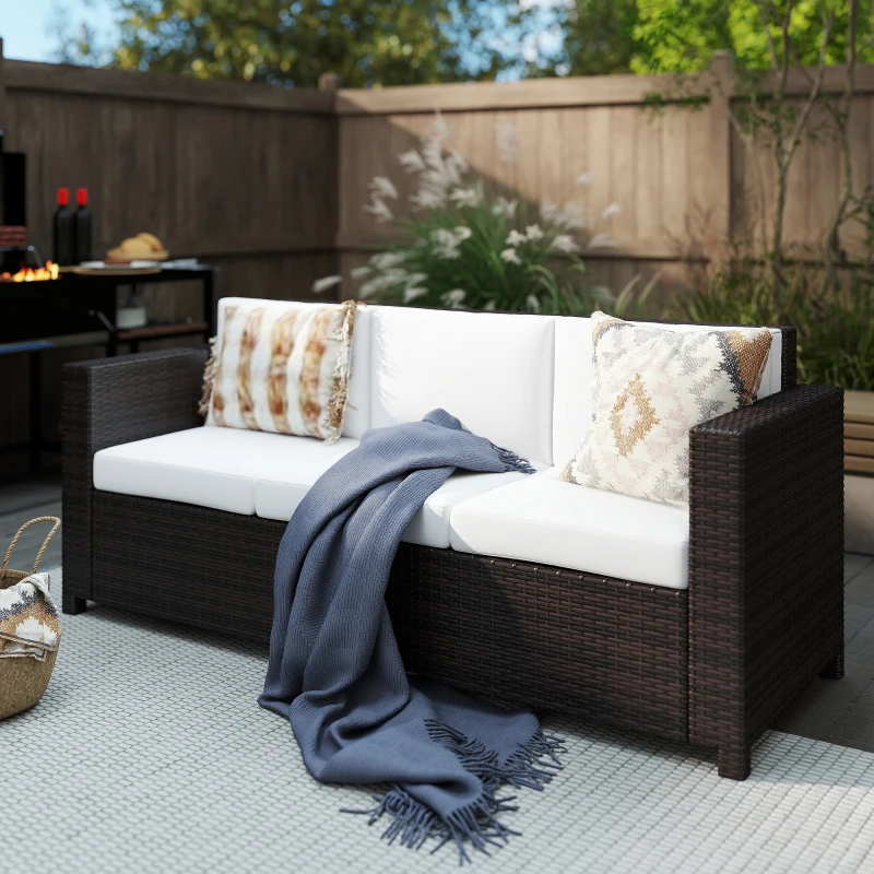 Outsunny 3 Seater Rattan Sofa, All-Weather Wicker Weave Metal Frame Chair with Fire Resistant Cushion, Brown