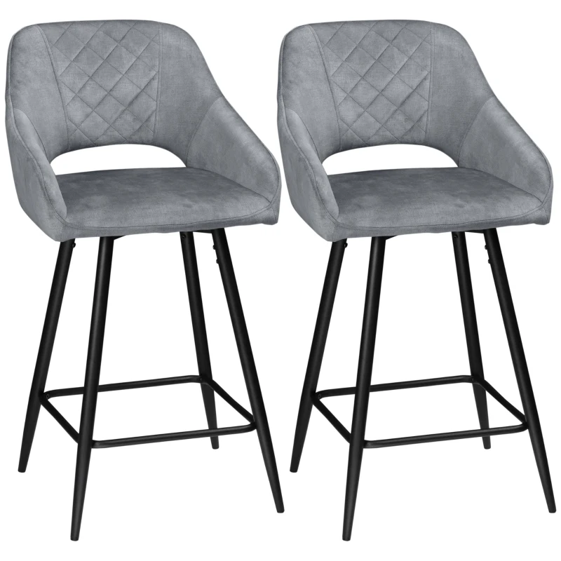 HOMCOM Conjunto de 2 taburetes de bar sillas altas efecto terciopelo y acero Negro con reposapiés apoyabrazos altura 67 cm Gris