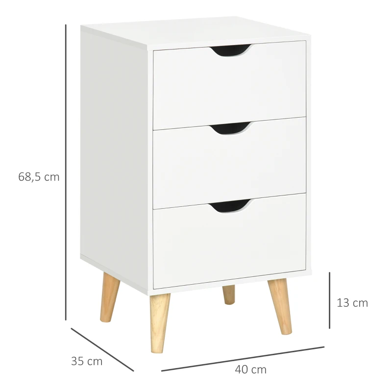 HOMCOM Cómoda 3 cajones Mesa de noche Mueble de almacenaje sobre patas Estilo escandinavo en Madera - 40x35x68,5 cm - Blanco