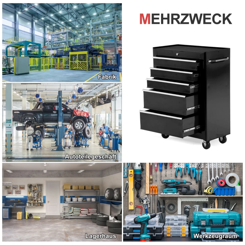 HOMCOM Werkzeugschrank, Werkzeugkiste, 5 Schubladen, rollbar, Stahl, Schwarz(m-6)