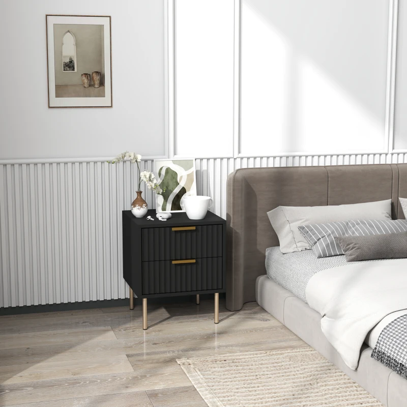 HOMCOM Mesa de noche canelada con 2 cajones y patas de acero para dormitorio sala de estar Negro