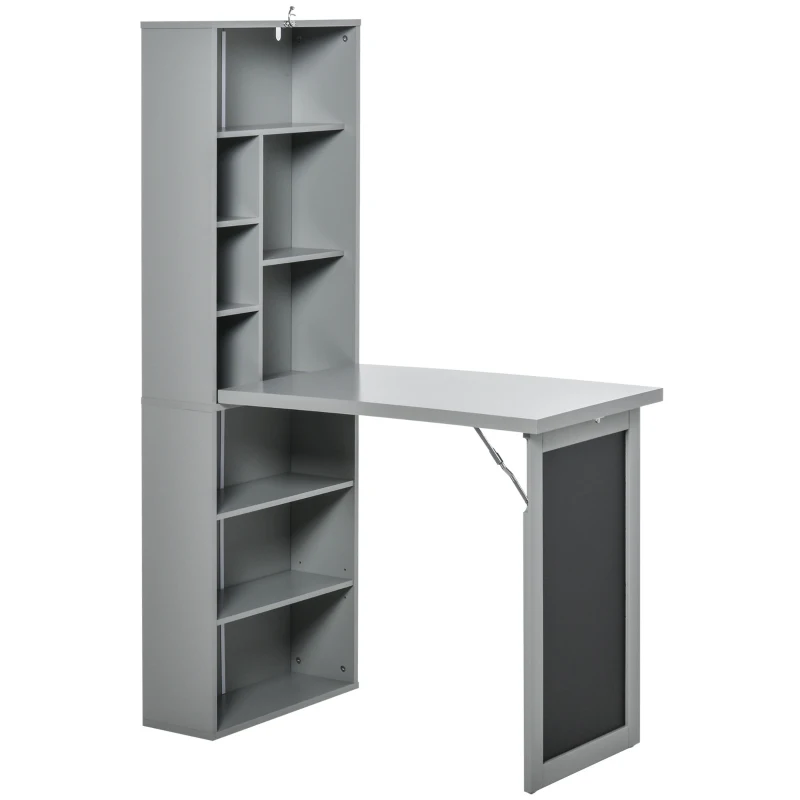 HOMCOM Escritorio con almacenaje plegable de pared abatible con estantería puesto de trabajo tablero de tiza y estante ajustable