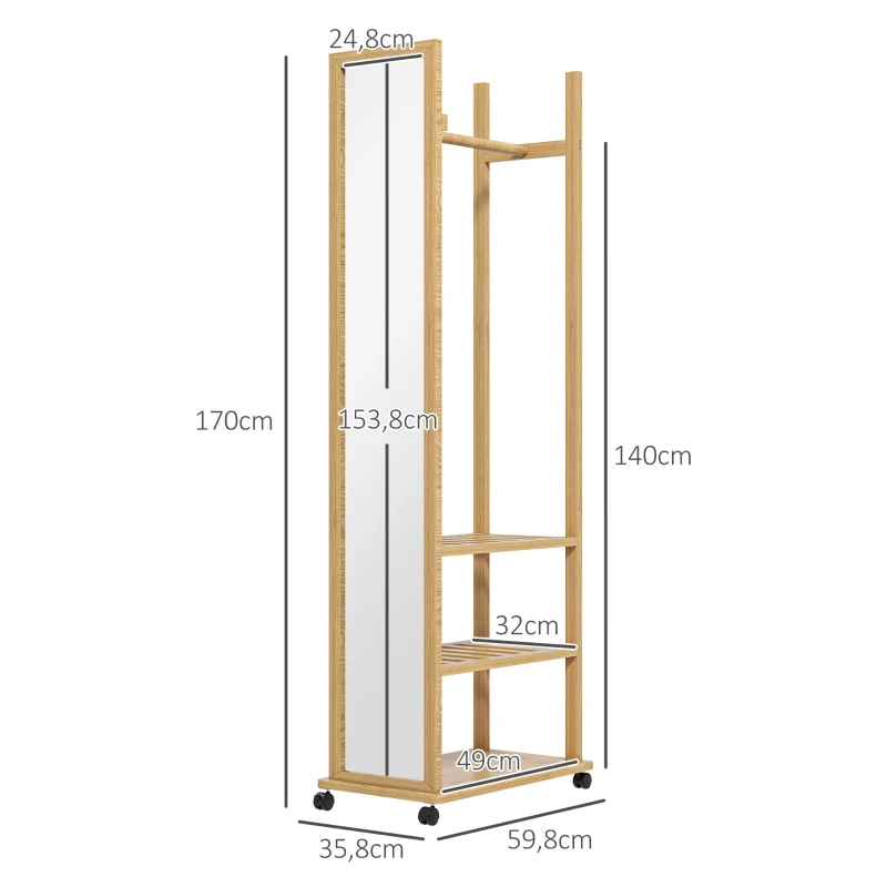 HOMCOM Espejo de Pie con Ruedas y Multi-Almacenamiento 1 Barra Perchero 3 Estantes Inferiores para Habitación de Entrada en Madera