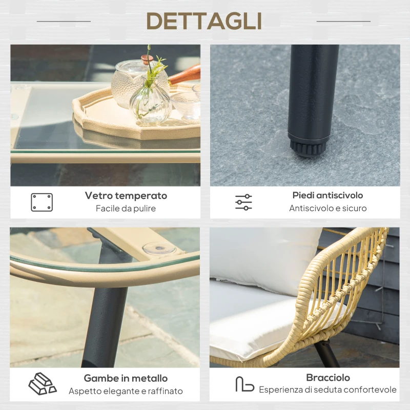 Outsunny Set da Giardino 4 Pezzi con 2 Sedie da Giardino, Divanetto 2 Posti e Tavolino Basso, Naturale e Crema