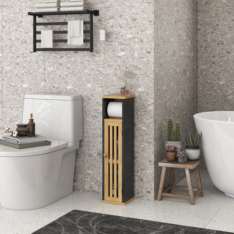 HOMCOM Mueble de baño con soporte papel higiénico almacenamiento con barra amovible 2 Niveles + Salida Papel MDF Bambú