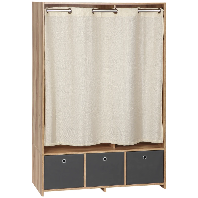 HOMCOM Armario penderie armario de almacenamiento con barra cortina 3 cajones de tela extraíbles 105x48x160 cm natural