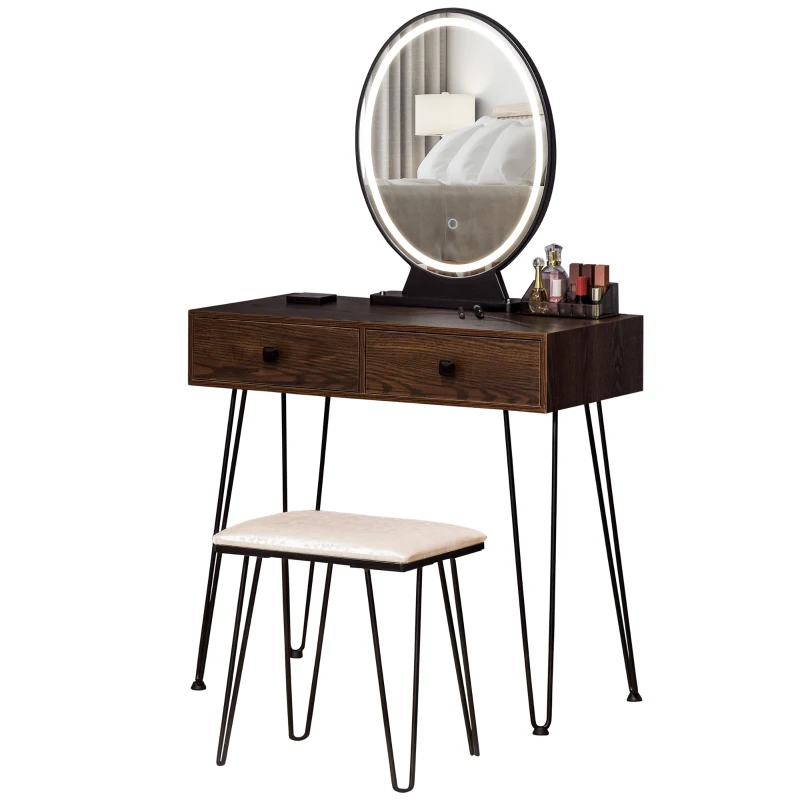 HOMCOM Tocador Mesa de maquillaje moderna Espejo LED ajustable integrado Taburete incluido pie de metal Negro 2 cajones + 1 Organizador