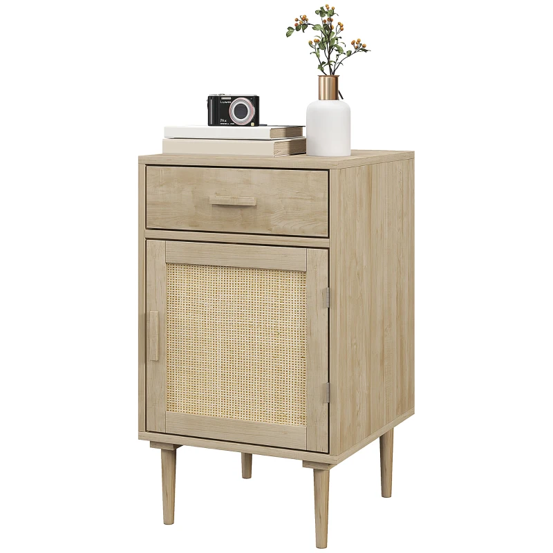 HOMCOM Mesita de Noche con Armario y Estante Puerta Tejida de Ratán + 1 Cajón Diseño Bohemio - 40x40x68,5 cm Natural
